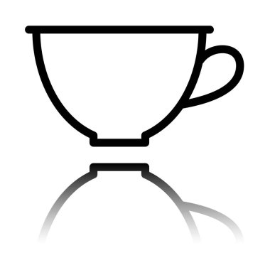 Basit fincan kahve ya da çay. Doğrusal simgesi, ince anahat. Siyah beyaz arka plan ayna yansıması simgesiyle