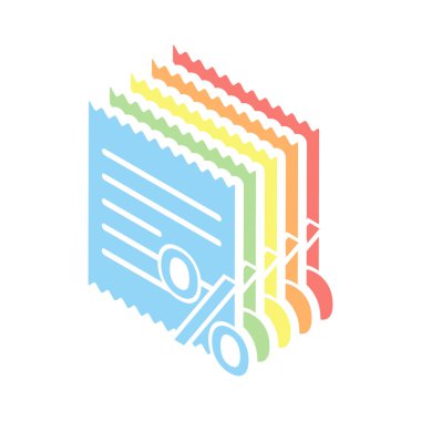 Alış irsaliyesi ve yüzde. Beyaz arka plan üzerinde renkli izometrik simgeler yığını