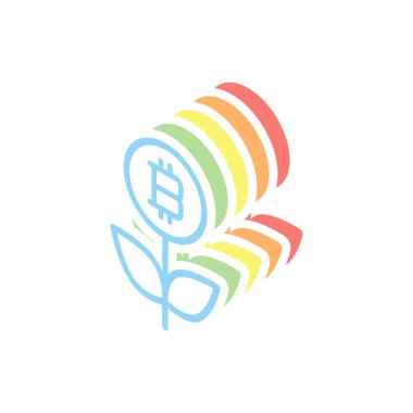 Para çiçek ile bitcoin. Para ağacını. İnce anahat ile doğrusal simgesi. Beyaz arka plan üzerinde renkli izometrik simgeler yığını