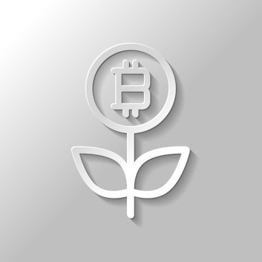 Para çiçek ile bitcoin. Para ağacını. İnce anahat ile doğrusal simgesi. Kağıt tarzı ile gölge gri arka plan üzerinde
