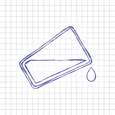 Cam ve akan su simgesi. Elle çizilmiş resim kağıt sayfası. Mavi mürekkep, anahat kroki tarzı. Damalı zemin üzerine doodle