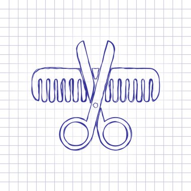 Makas ve saç fırçası. Berberin çapraz Araçlar. Elle çizilmiş resim kağıt sayfası. Mavi mürekkep, anahat kroki tarzı. Damalı zemin üzerine doodle