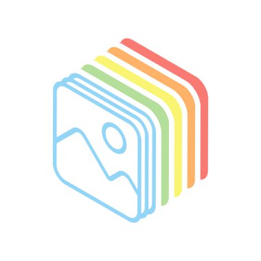 Resimler basit yığını. Beyaz arka plan üzerinde renkli izometrik simgeler yığını