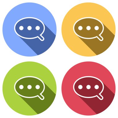 Basit metin bulut. Doğrusal, ince anahat. Mavi, turuncu, yeşil ve kırmızı renkli daireler uzun gölge ile beyaz simgeler kümesi. Etiket tarzı