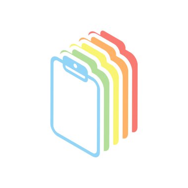 Kağıt ile tablet. Beyaz arka plan üzerinde renkli izometrik simgeler yığını