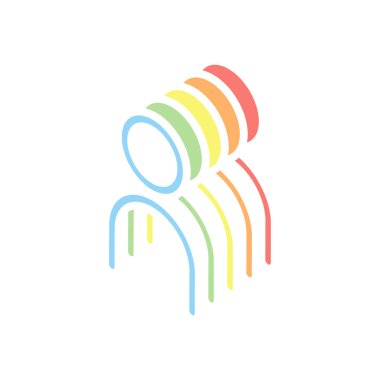 Basit kişi simgesi. Doğrusal sembol, ince anahat. Beyaz arka plan üzerinde renkli izometrik simgeler yığını