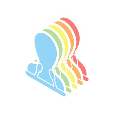 Hoparlör simgesi. Kişi siluet ve mikrofonlar kürsü üzerinde. Beyaz arka plan üzerinde renkli izometrik simgeler yığını