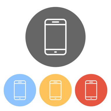 Basit hareket eden telefon simgesi. Doğrusal sembol, ince anahat. Renkli daireler üzerinde beyaz simgeler kümesi