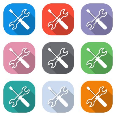 Tamir Servisi, İngiliz anahtarı ve tornavida, Araçlar. Beyaz simgeleri uygulamalar için renkli kareler olarak ayarlayın. Sorunsuz imkanı ve desen poster için