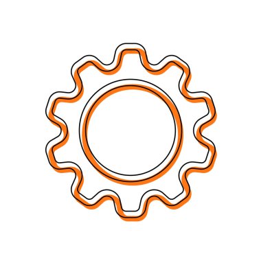 Basit dişli sembolü, ince anahat ile doğrusal simgesi. İzole simge siyah ince dağılımı ve farklı katmanlarda doldurma taşındı turuncu oluşan. Beyaz arka plan