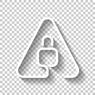 Uyarı üçgeni içinde kilitle. İnce anahat ile doğrusal simgesi. Bir çizgi stili. Gölge şeffaf arka plan üzerinde beyaz simgesi