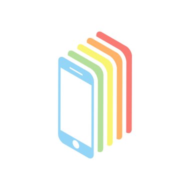 hareket eden telefon simgesi. Beyaz arka plan üzerinde renkli izometrik simgeler yığını