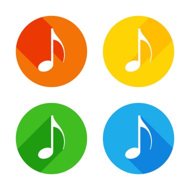 Müzik Not simgesi. Renkli daireler arka plan düz beyaz simgesi. Dört farklı uzun gölgeler her köşe