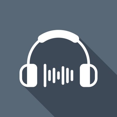 Kulaklık ve müzik dalgası. Orta ses düzeyi. Basit simgesi. Uzun Gölge arka plan üzerinde beyaz düz simgesi