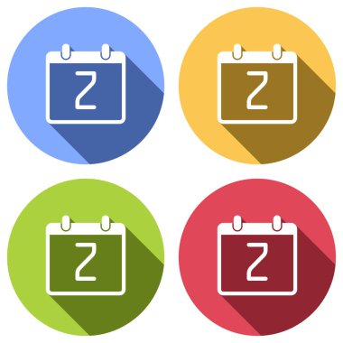 2 gün, basit simgesi ile takvim. Mavi, turuncu, yeşil ve kırmızı renkli daireler uzun gölge ile beyaz simgeler kümesi. Etiket tarzı