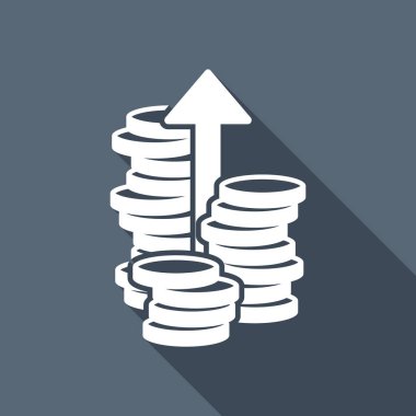 Sikke yığını, vade büyümek, yukarı ok. Uzun Gölge arka plan üzerinde beyaz düz simgesi