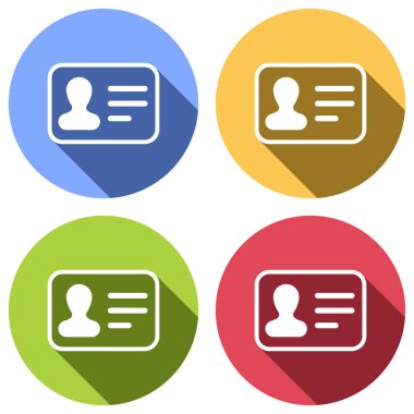 Kimlik kartı simgesi. Kimliği profil. Mavi, turuncu, yeşil ve kırmızı renkli daireler uzun gölge ile beyaz simgeler kümesi. Etiket tarzı