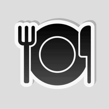 çatal bıçak takımı. tabak çatal ve bıçak. basit siluet. Etiket tarzı ile beyaz ve gri arka plan üzerinde basit gölge