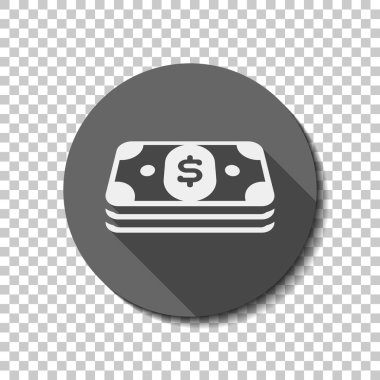Doları para veya fişlerin sürüsü. İş simgesi. düz simgesi, uzun gölge, daire, şeffaf ızgara. Rozet veya etiket stili