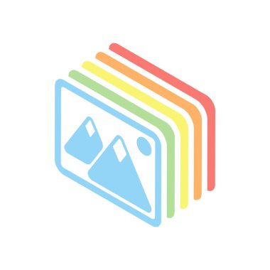 Dağlar ve güneş çift ile hayal et. Basit simgesi. Beyaz arka plan üzerinde renkli izometrik simgeler yığını