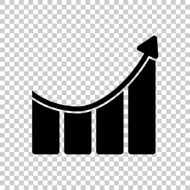 Çubuk grafiği yükselen ok simgesi ile büyüyor. Saydam arka plan üzerinde siyah simgesi.