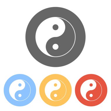 Yin yan sembolü. Renkli daireler üzerinde beyaz simgeler kümesi