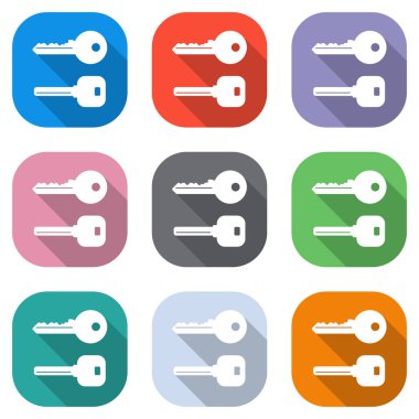 anahtarları Icons set. Beyaz simgeleri uygulamalar için renkli kareler olarak ayarlayın. Sorunsuz imkanı ve desen poster için