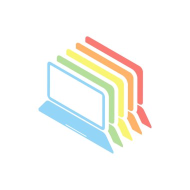 Laptop ya da defter bilgisayar kutsal kişilerin resmi. Beyaz arka plan üzerinde renkli izometrik simgeler yığını