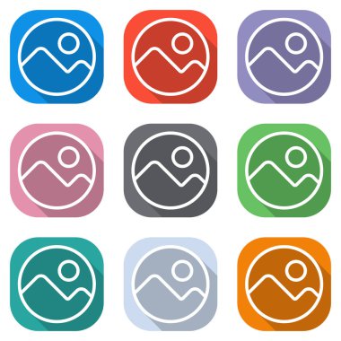 Basit resim simgesi. Doğrusal sembol, ince anahat. Beyaz simgeleri uygulamalar için renkli kareler olarak ayarlayın. Sorunsuz imkanı ve desen poster için