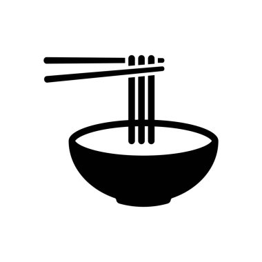 Kase ve çubuk, çorba ramen, Asya gıda, Fransa makarna erişte. Mutfak simgesi. Beyaz arka planda siyah simgesi