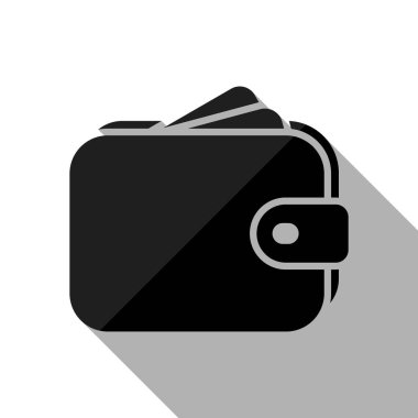 Çanta, cüzdan, para simgesi. Uzun gölge beyaz arka planda siyah nesnesiyle