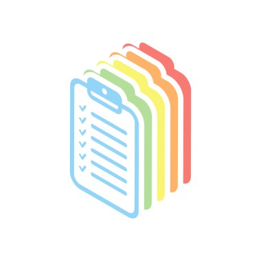 Tablet ve kağıt, onay işaretleri denetim listesi. Doğrusal, ince anahat. Beyaz arka plan üzerinde renkli izometrik simgeler yığını