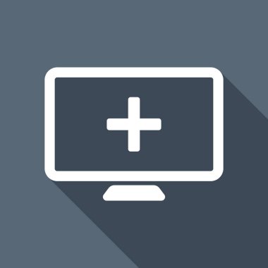 bilgisayar ve çapraz tıbbi, tıbbi bir site. basit simgesi. Uzun Gölge arka plan üzerinde beyaz düz simgesi