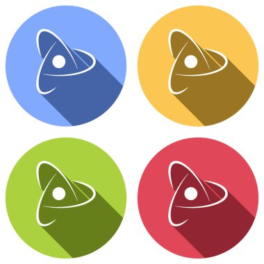 bilimsel atom sembolü, yaratıcı logo, basit simgesi. Mavi, turuncu, yeşil ve kırmızı renkli daireler uzun gölge ile beyaz simgeler kümesi. Etiket tarzı