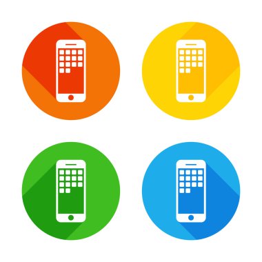 Metin simgesi. Renkli daireler arka plan düz beyaz simgesi. Dört farklı uzun gölgeler her köşe