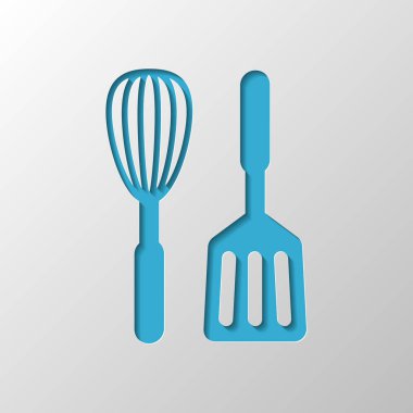 Mutfak Aracı simgesi. Çırpma teli ve spatula. Kağıt tasarımı. Gölge ile düzenlenen sembolü