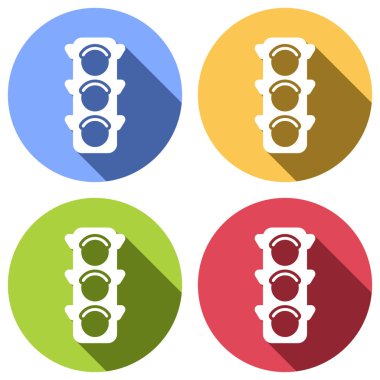 Trafik ışığı simgesi. Mavi, turuncu, yeşil ve kırmızı renkli daireler uzun gölge ile beyaz simgeler kümesi. Etiket tarzı