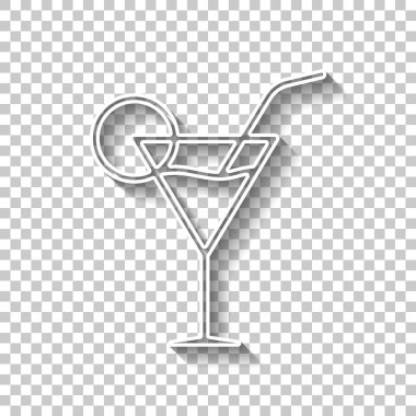 Kokteyl cam. İnce anahat ile basit doğrusal simgesi. Gölge şeffaf arka plan üzerinde beyaz anahat işaretiyle