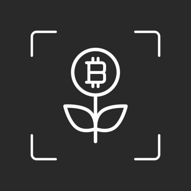 Para çiçek ile bitcoin. Para ağacını. İnce anahat ile doğrusal simgesi. Beyaz nesne kamera otomatik odaklama koyu arka plan üzerinde