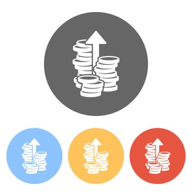 Sikke yığını, vade büyümek, yukarı ok. Renkli daireler üzerinde beyaz simgeler kümesi