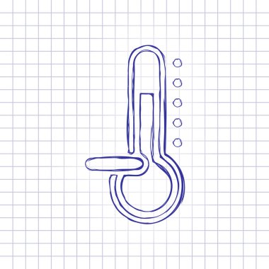 Termometre, soğuk. sıcaklık subzero. Elle çizilmiş resim kağıt sayfası. Mavi mürekkep, anahat kroki tarzı. Damalı zemin üzerine doodle