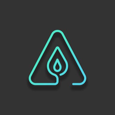 alev uyarı üçgeni içinde ateş. Doğrusal sembolü ile ince anahat. bir çizgi stili. basit simgesi. Renkli logo kavramı koyu arka plan üzerinde yumuşak gölge ile. Masmavi okyanus rengini simgesi