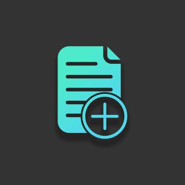 Belge simgesi, kağıt eklemek ve artı bir dairede. Renkli logo kavramı koyu arka plan üzerinde yumuşak gölge ile. Masmavi okyanus rengini simgesi