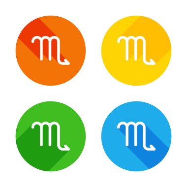 Astrolojik işaret. Akrep basit simgesi. Renkli daireler arka plan düz beyaz simgesi. Dört farklı uzun gölgeler her köşe