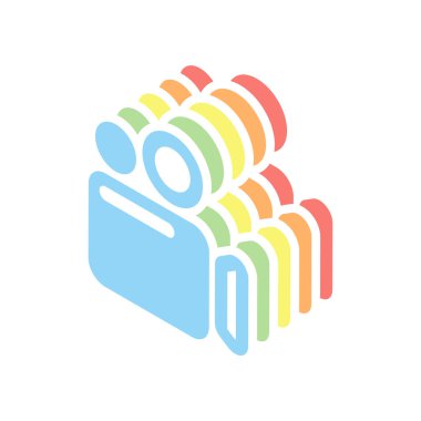 Basit video kamera simgesi. Beyaz arka plan üzerinde renkli izometrik simgeler yığını