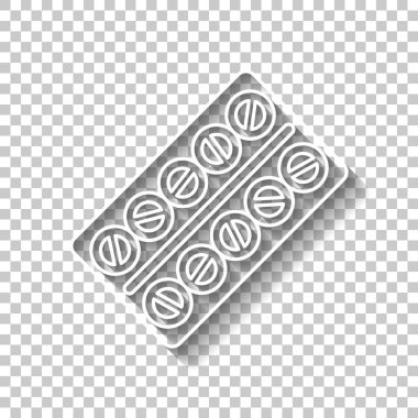 Paketi hapları simgesi. Gölge şeffaf arka plan üzerinde beyaz anahat işaretiyle