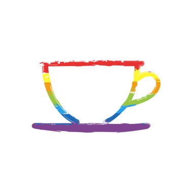 Basit fincan kahve ya da çay. Doğrusal simgesi, ince anahat. Çizim işaretiyle Lgbt stil, gökkuşağı (kırmızı, turuncu, sarı, yeşil, mavi, Indigo, menekşe, yedi renk