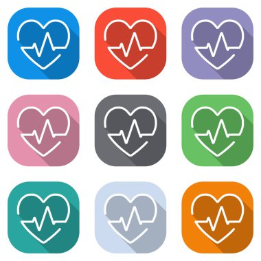 Kalp ve nabız hattı. Bir çizgi stili. İnce anahat ile doğrusal simgesi. Beyaz simgeleri uygulamalar için renkli kareler olarak ayarlayın. Sorunsuz imkanı ve desen poster için