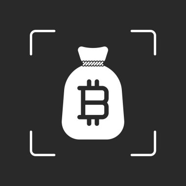 Para çantası ile bitcoin. Tam paran simgesi. Beyaz nesne kamera otomatik odaklama koyu arka plan üzerinde