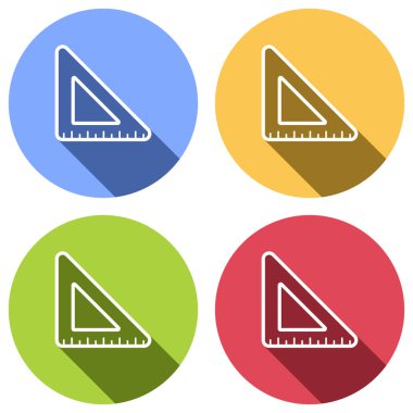 basit üçgen, cetvel. Mavi, turuncu, yeşil ve kırmızı renkli daireler uzun gölge ile beyaz simgeler kümesi. Etiket tarzı